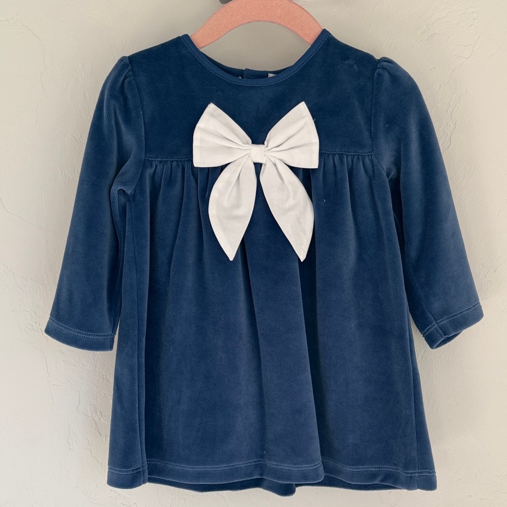 NWT Kissy Kissy Blue Velour Dress with White Bow size 12-18m